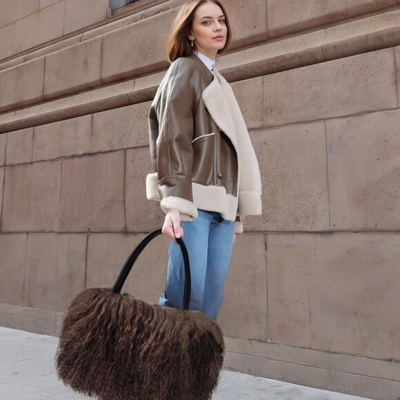 Women Luxury Real Lamb Mongolian Flush Wool Fur With Genuine Leather Handles Han - Picture 6 of 9